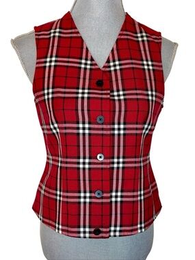Vintage Petite Sophisticate Red Plaid Button Front Vest